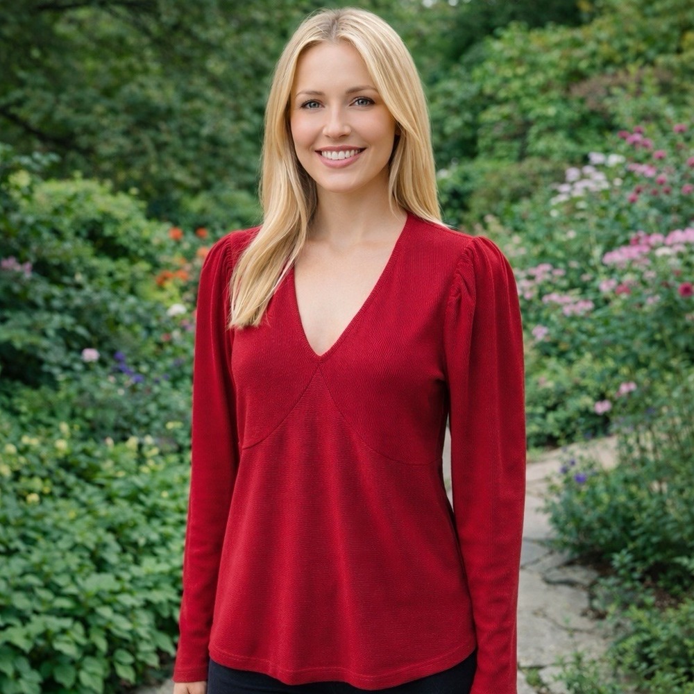 Marine Layer Lexi Rib V-Neck Top Red Stretch Long Sleeve Valentine's Feminine M